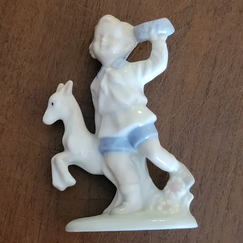 Vintage Lego Japan Boy & Dog Figurine Fine Porcelain Pastels High Gloss 1970s